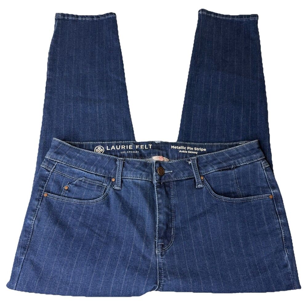 Laurie Felt Jeans Womens 12 Petite Blue Metallic Pin Stripe Ankle Skinny